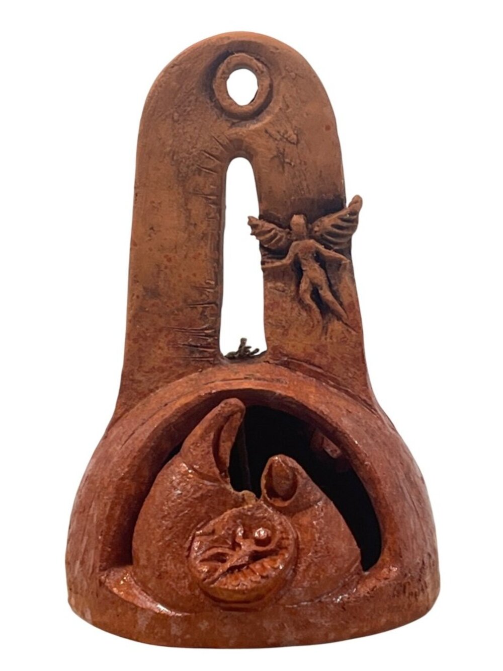Handcrafted Mexican Terracotta Bell With Angel Design & Rustic Finish